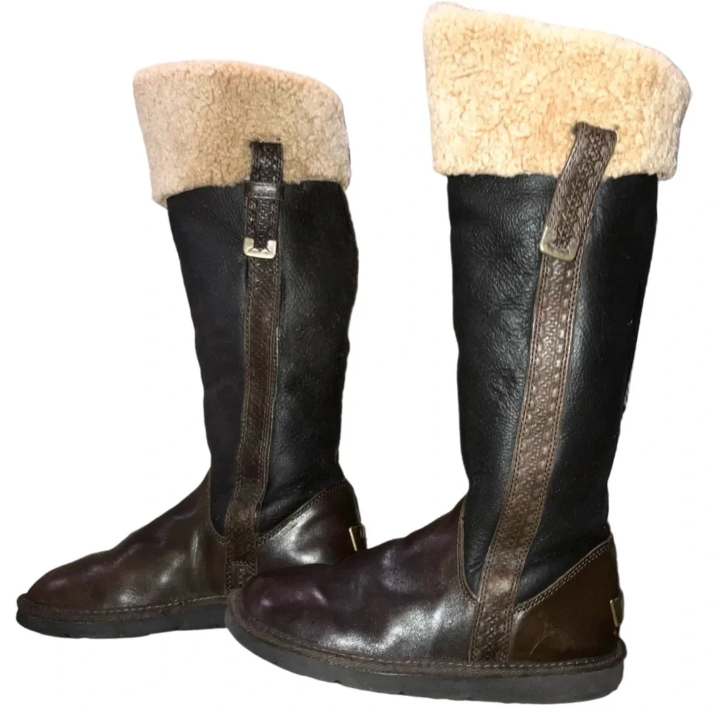 UGG Brooks Tall Boots Brown Leather Shearling Lined Flat Moto Style Women’s 6